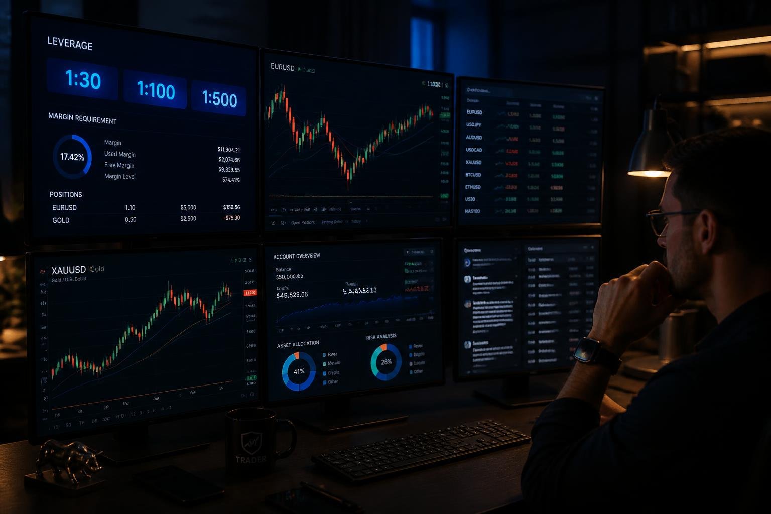 Trader analisando ratios de alavancagem 1:30, 1:100 e 1:500 em monitores com gráficos forex