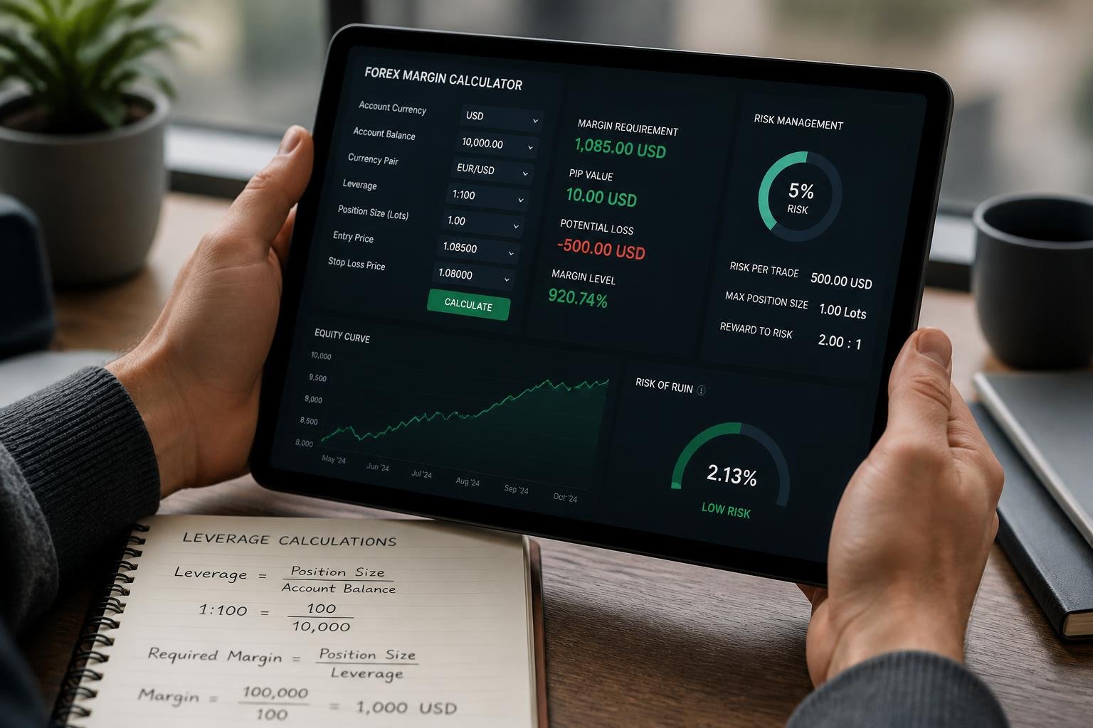 Close-up of a forex margin dashboard showing used margin, free margin and stop-out level highlighted