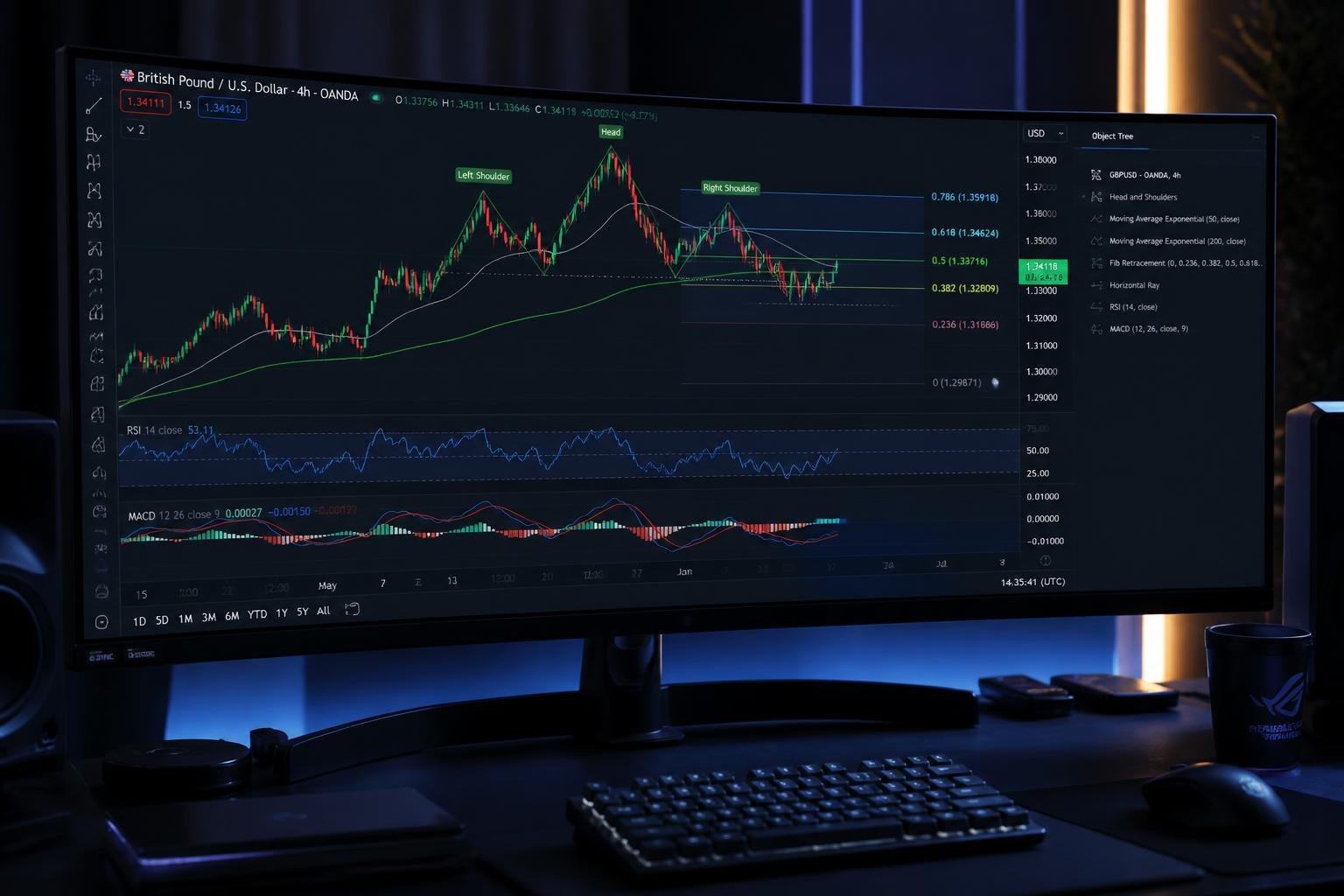 Monitor ultrawide com análise técnica forex: médias móveis, RSI, MACD e padrão ombro-cabeça-ombro