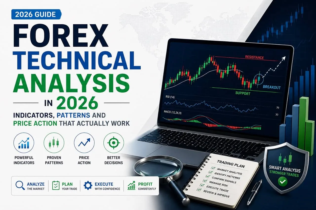 Forex technical analysis 2026: indicators and patterns Trader studying multi-timeframe forex charts with indicators and price action annotations