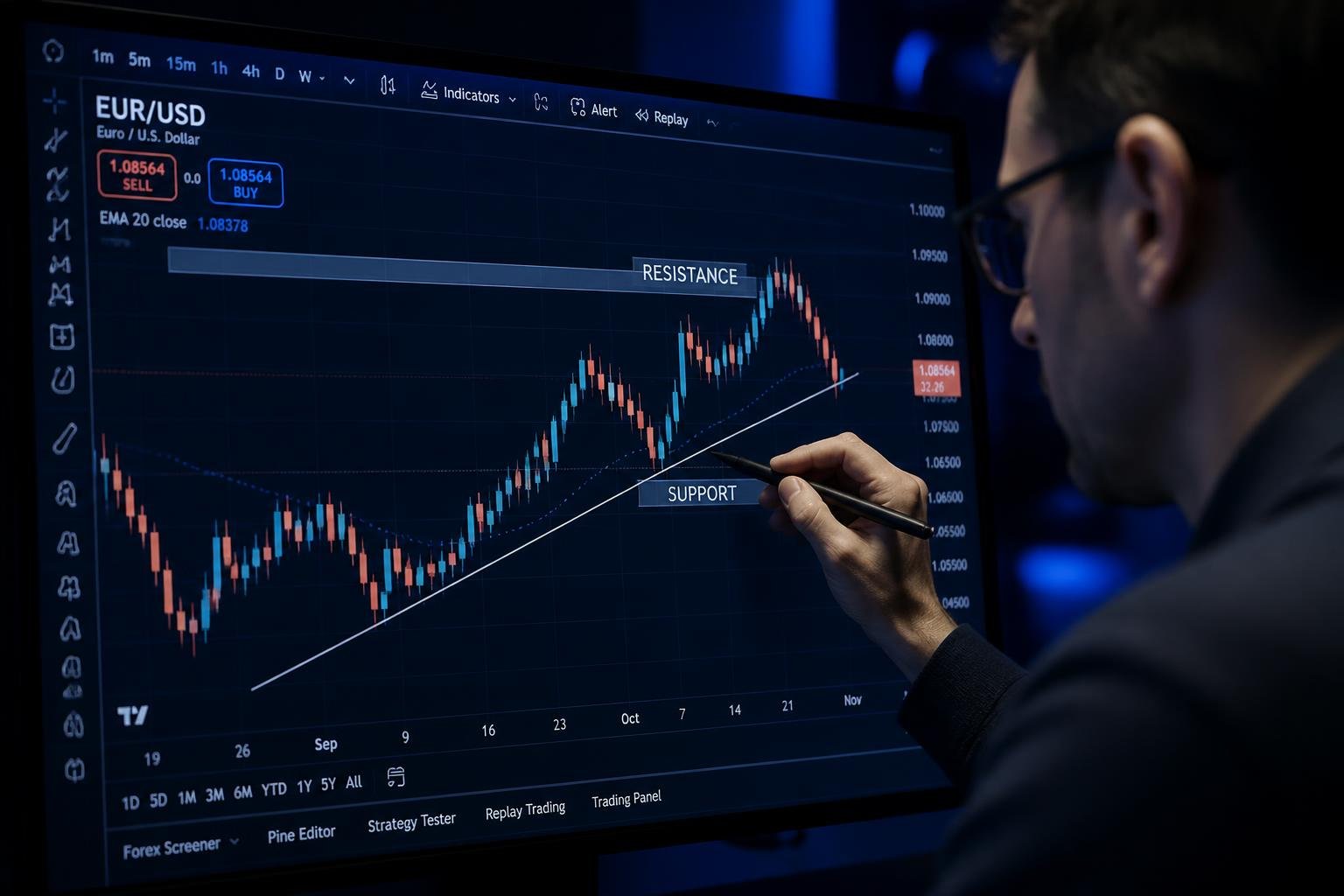 Detailed candlestick chart with RSI and MACD indicators, support and resistance zones and trend lines drawn