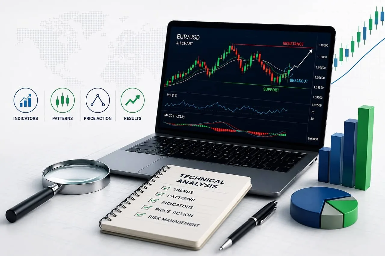 Multi-indicator technical analysis setup for forex Detailed candlestick chart with RSI and MACD indicators, support and resistance zones and trend lines drawn