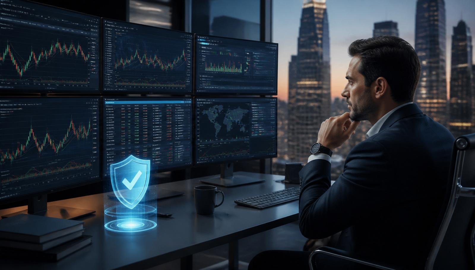 Trader profissional analisando corretora forex confiável em monitores com gráficos e símbolo de segurança