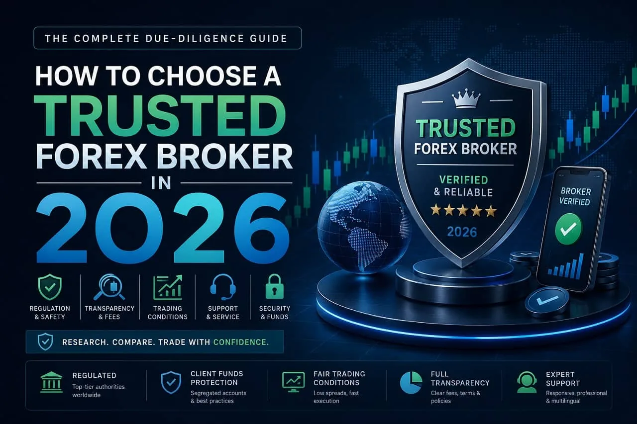 How to choose a trusted forex broker in 2026 Professional trader reviewing broker regulation documents on a laptop next to trading screens