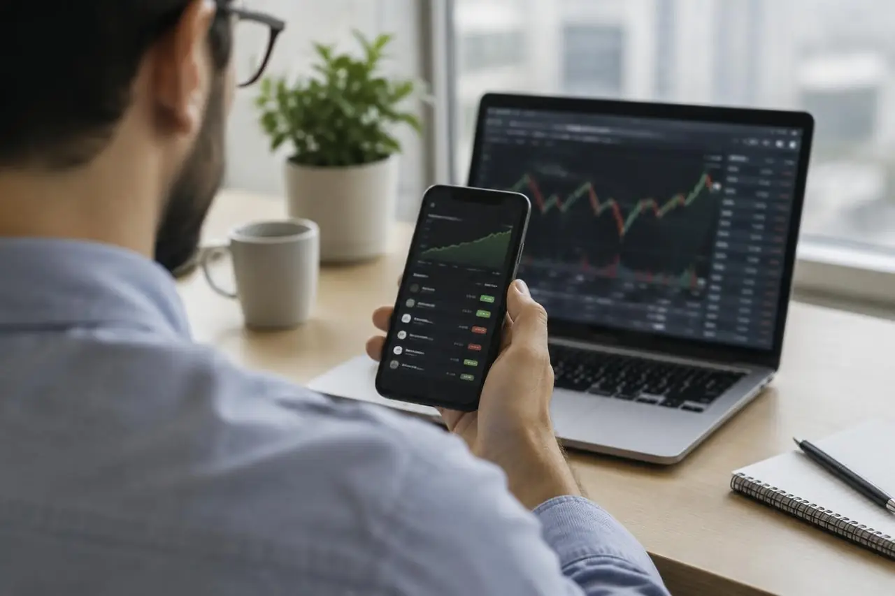 Forex copy trading explained for 2026 Investor reviewing a copy trading portfolio on a smartphone next to a laptop showing currency charts in a bright office