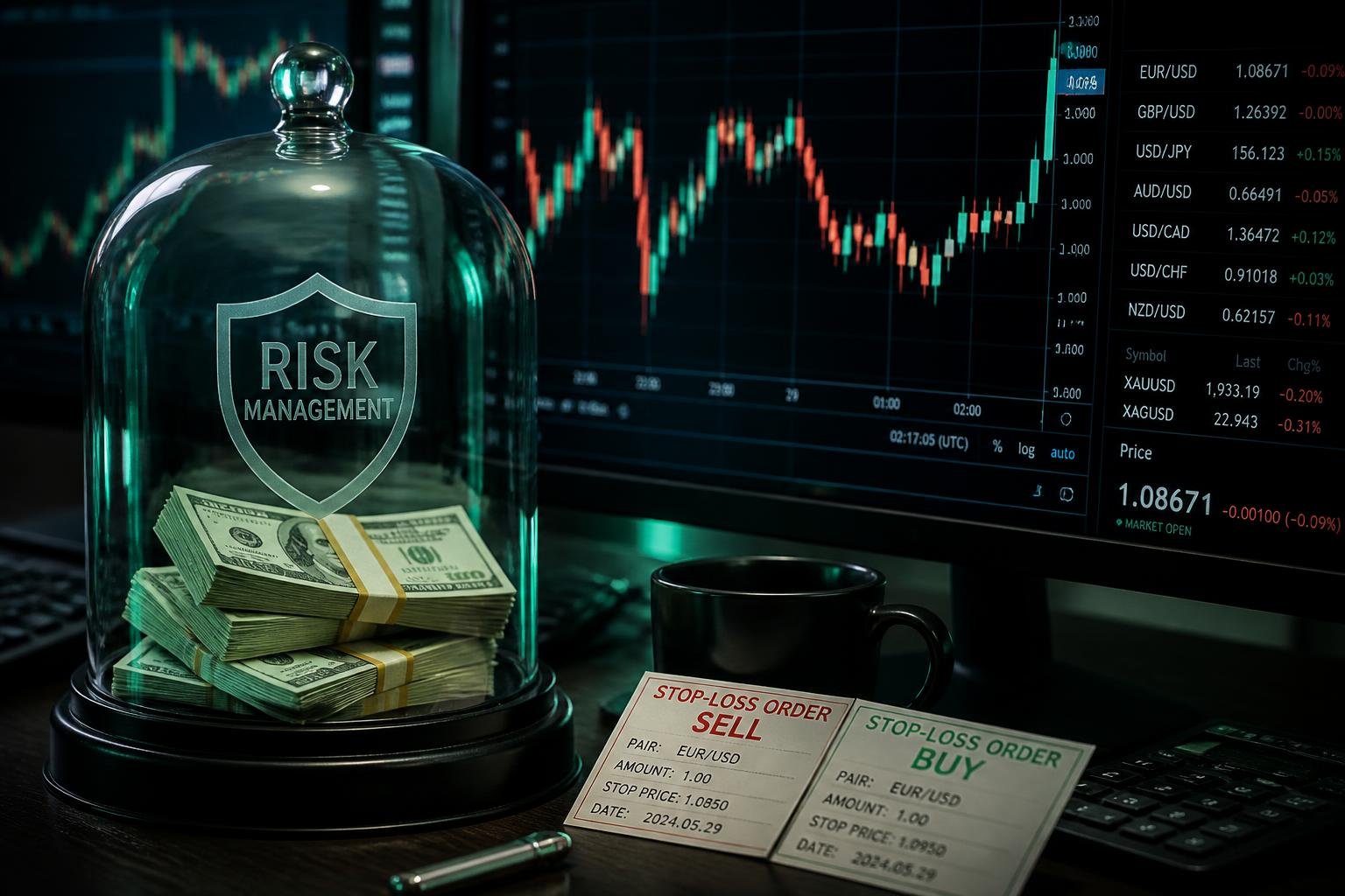 Gestão de risco no Forex: como proteger seu capital em 2026 Cofre de vidro protegendo dólares ao lado de monitor com gráfico forex e ordens de stop loss