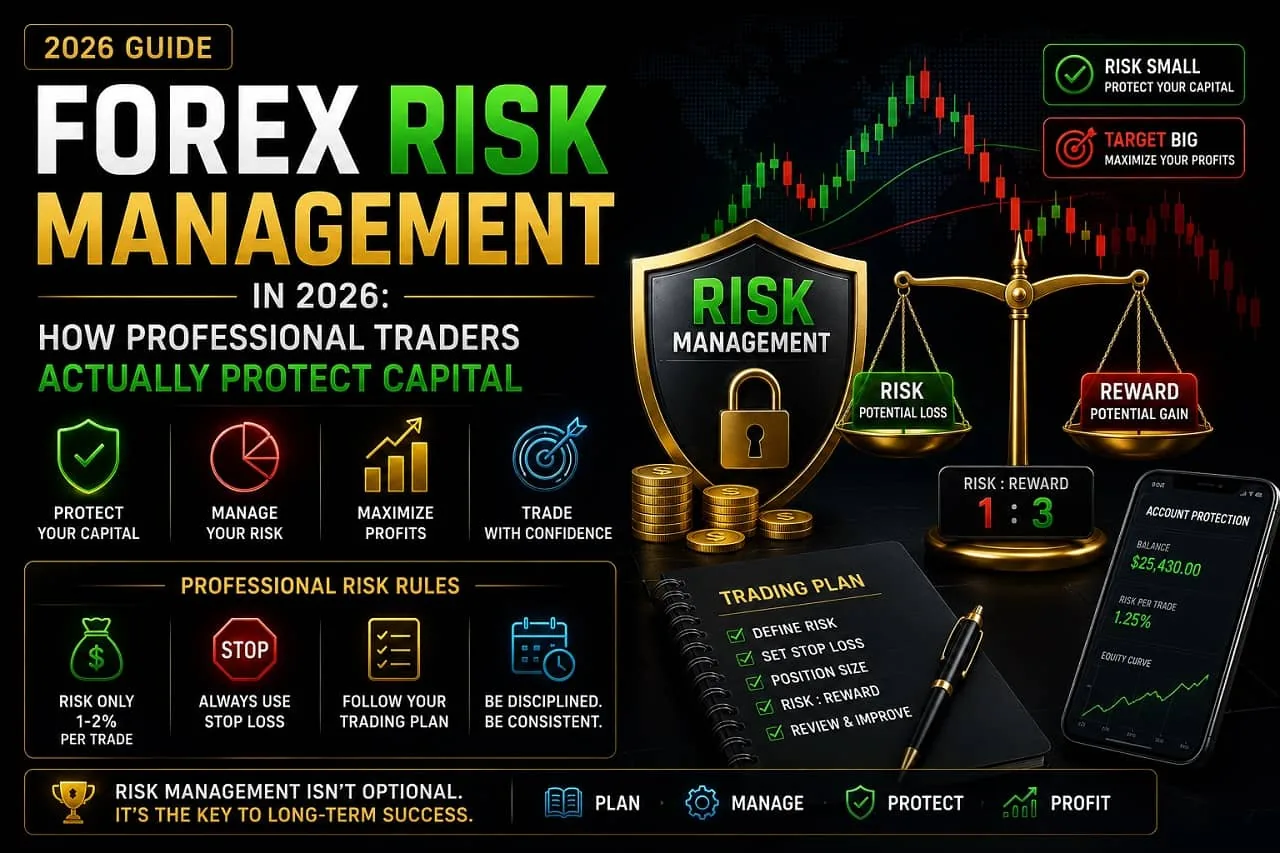Forex risk management complete guide 2026 Professional trader reviewing risk metrics and equity curve on a large financial dashboard