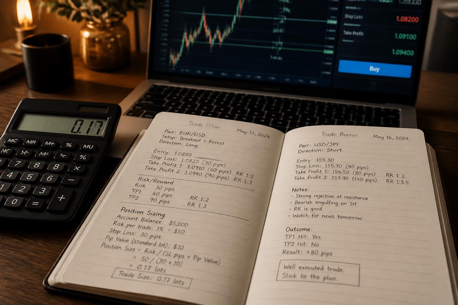Diário de operações, cálculo de risco e plano de trade Caderno de trading com cálculo de risco-retorno, tamanho de posição e revisão de operações ao lado de laptop