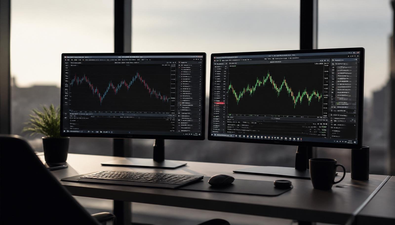 Estação de trabalho com dois monitores exibindo plataformas de trading Forex com gráficos de candlestick