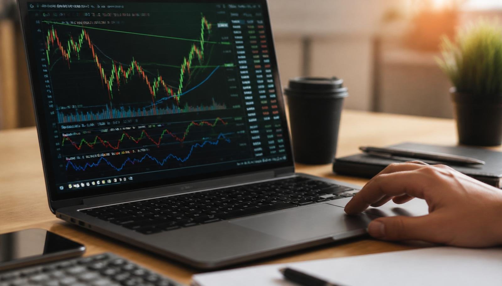 Laptop exibindo gráfico de forex com indicadores técnicos em uma mesa profissional