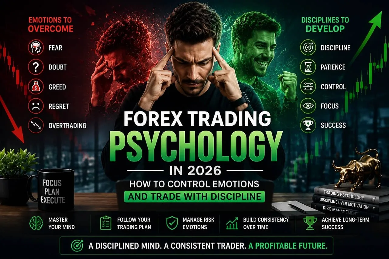 Forex trading psychology 2026: discipline and emotional control Serious forex trader in front of multi-monitor setup, calm and focused after taking a losing trade
