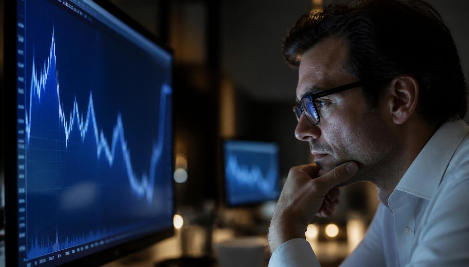 Trader concentrado analisando gráfico de forex à noite com expressão pensativa