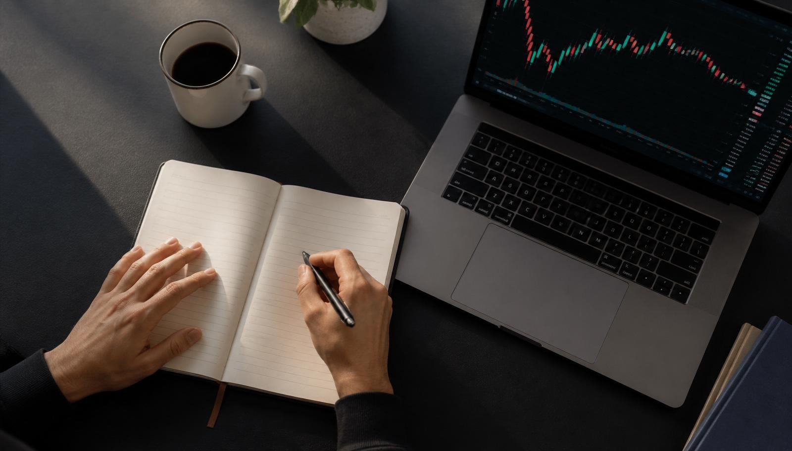 Trader escrevendo em um diário de trading ao lado de um laptop com gráficos de forex