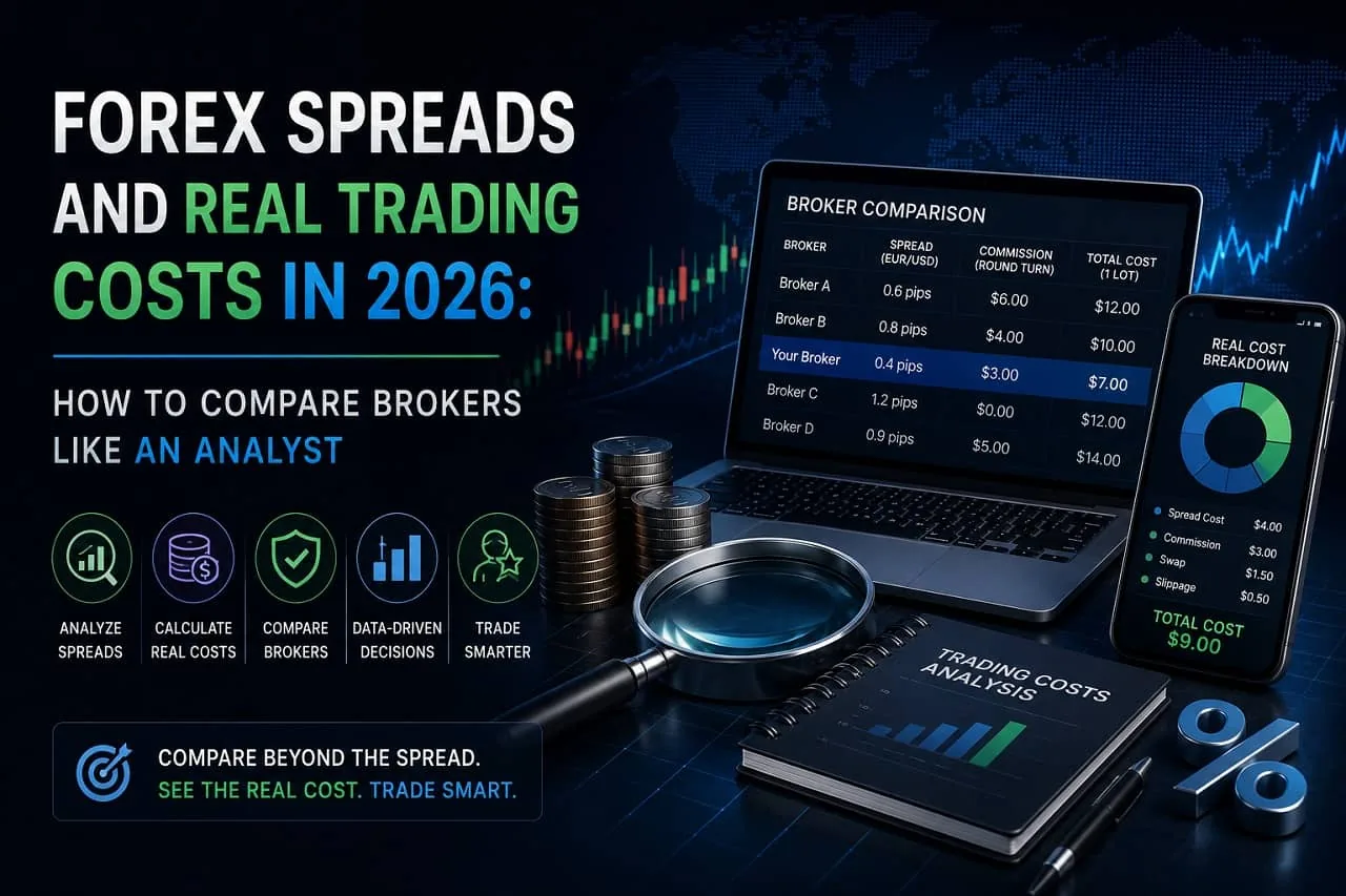 Forex spreads and real trading costs compared in 2026 Analyst comparing forex spread data across multiple broker platforms on a large monitor