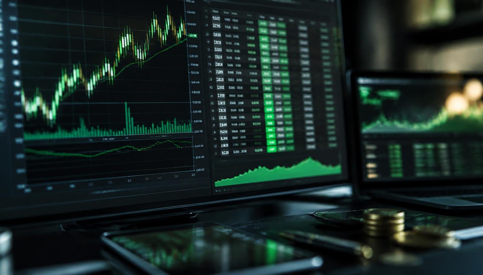 Monitores com gráficos de Forex e dados de spread para comparar custos de corretoras