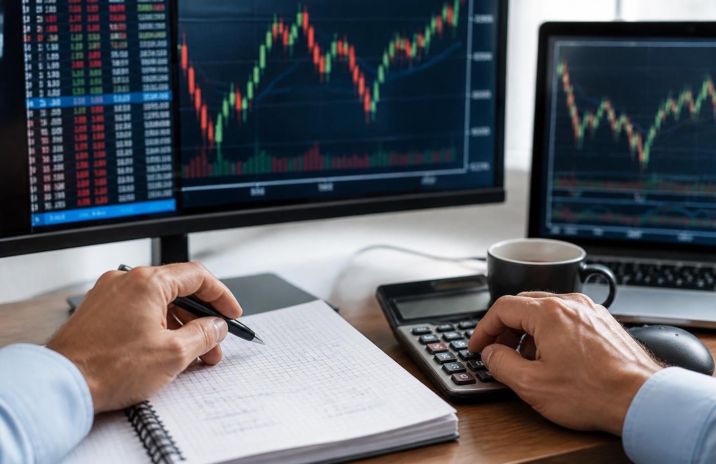 Trader calculando spread, comissão e custo total de operações Forex em uma mesa profissional