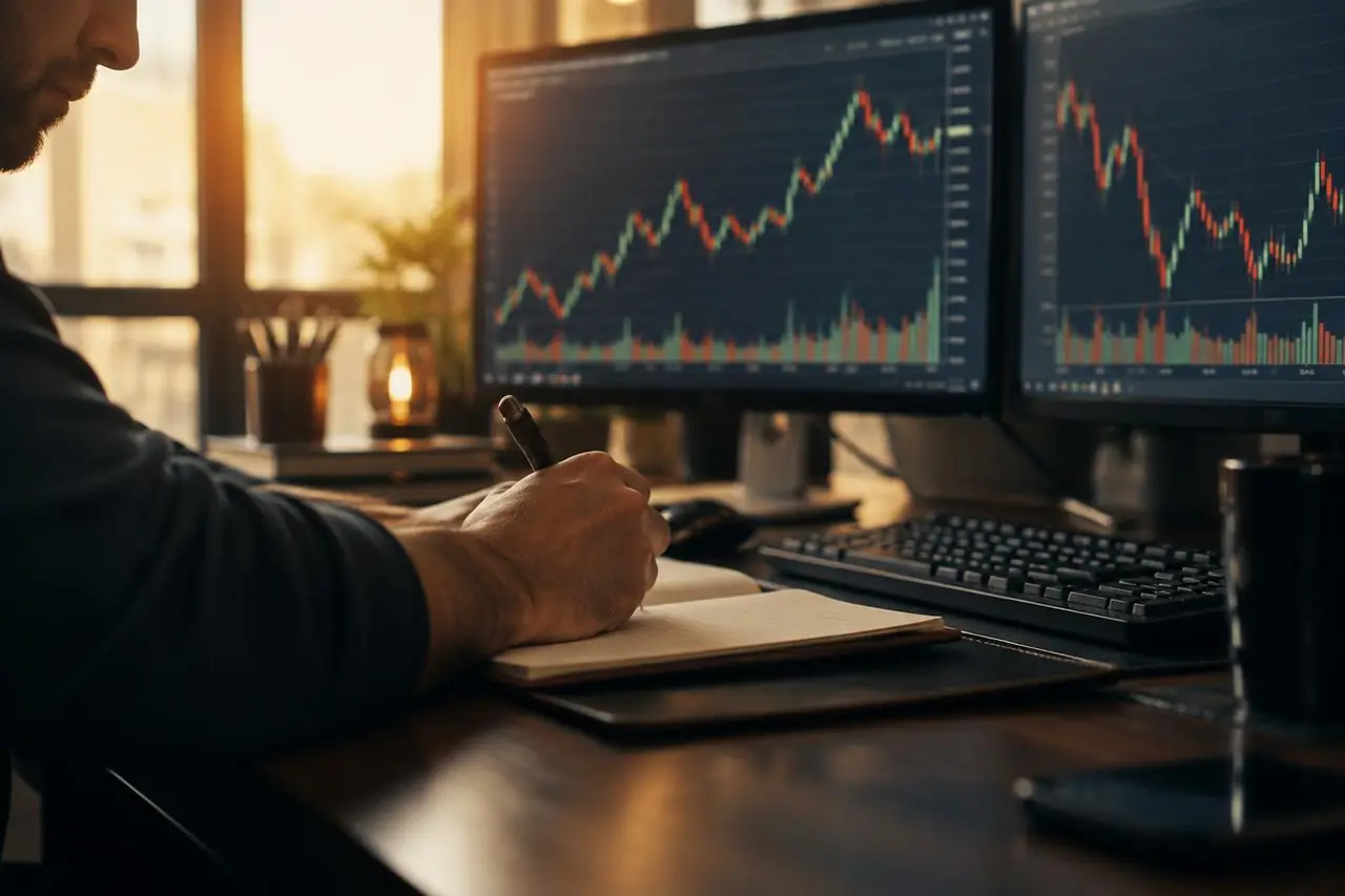 Forex trading strategies that work in 2026 Trader writing a forex trading plan in a notebook beside two monitors showing candlestick charts at sunrise