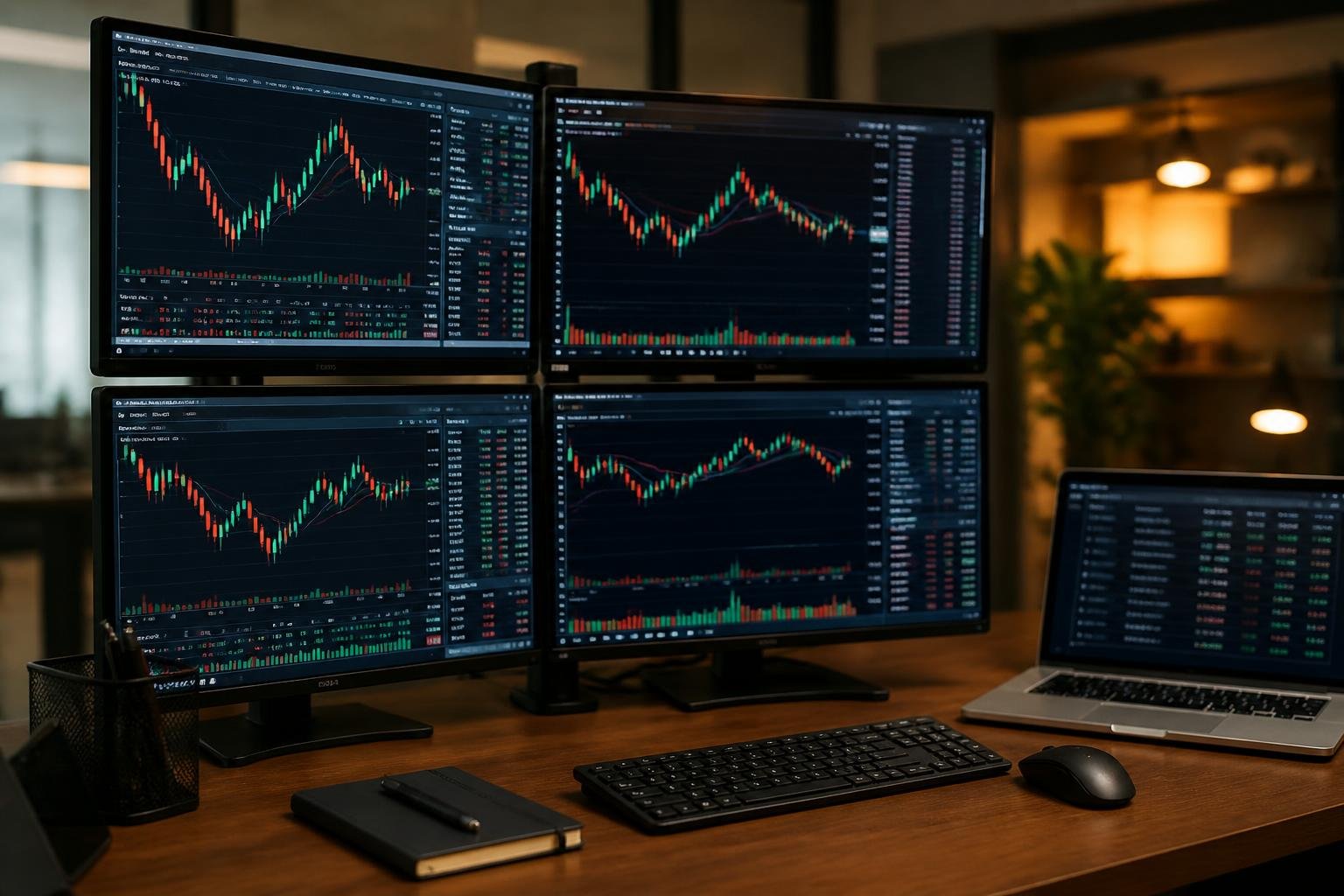 Trader's desk with two monitors comparing forex currency charts on one side and stock market data on the other
