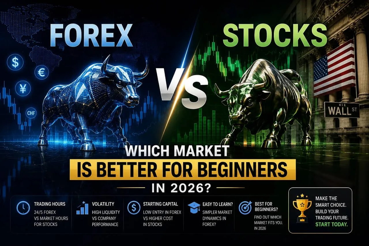 Forex vs stocks 2026: which market is better for beginners Trader's desk with two monitors comparing forex currency charts on one side and stock market data on the other