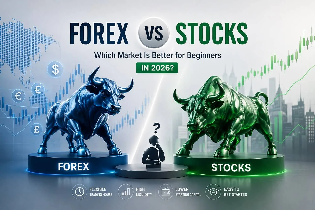 Forex vs stocks: market structure comparison Split scene showing a New York Stock Exchange trading floor on one side and a modern retail forex workstation on the other