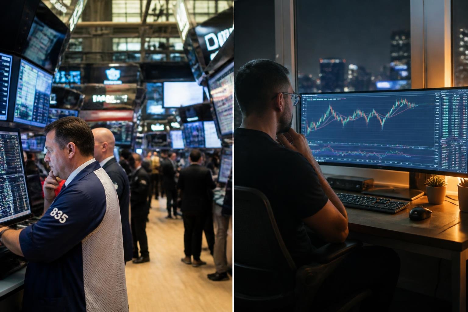 Split scene showing a New York Stock Exchange trading floor on one side and a modern retail forex workstation on the other