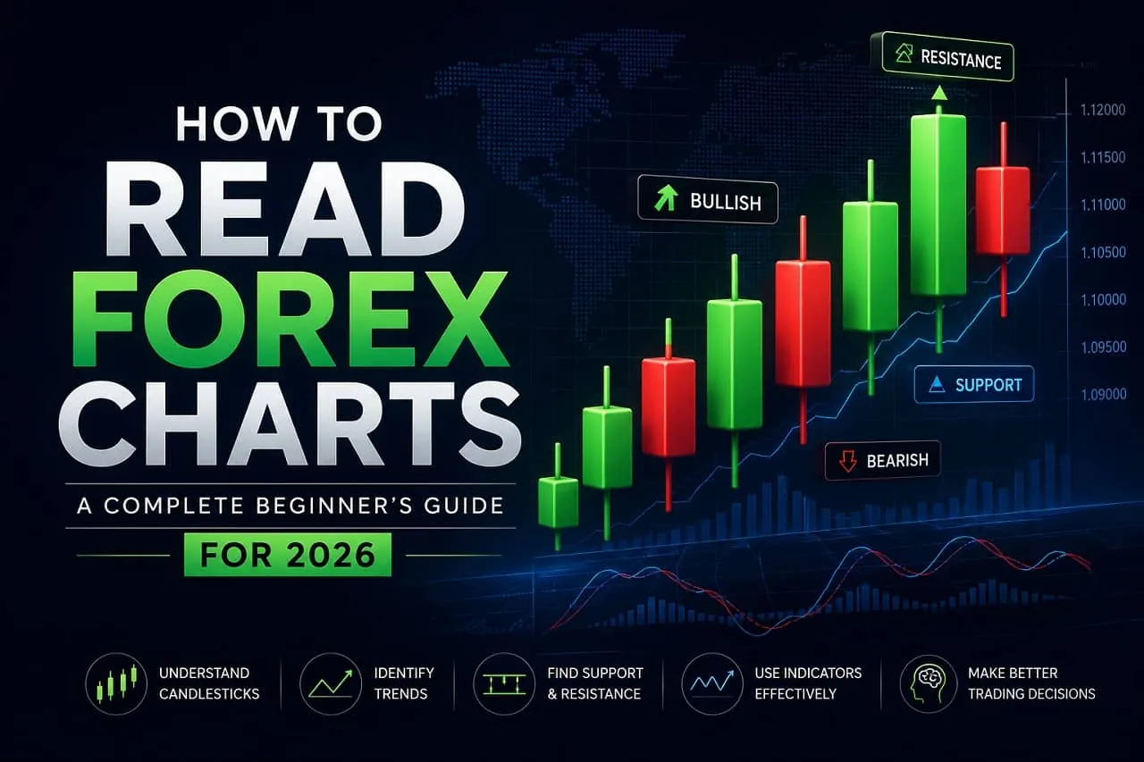 How to read forex charts — beginner's complete guide 2026 Beginner trader analysing a large candlestick chart with support and resistance zones on a professional monitor