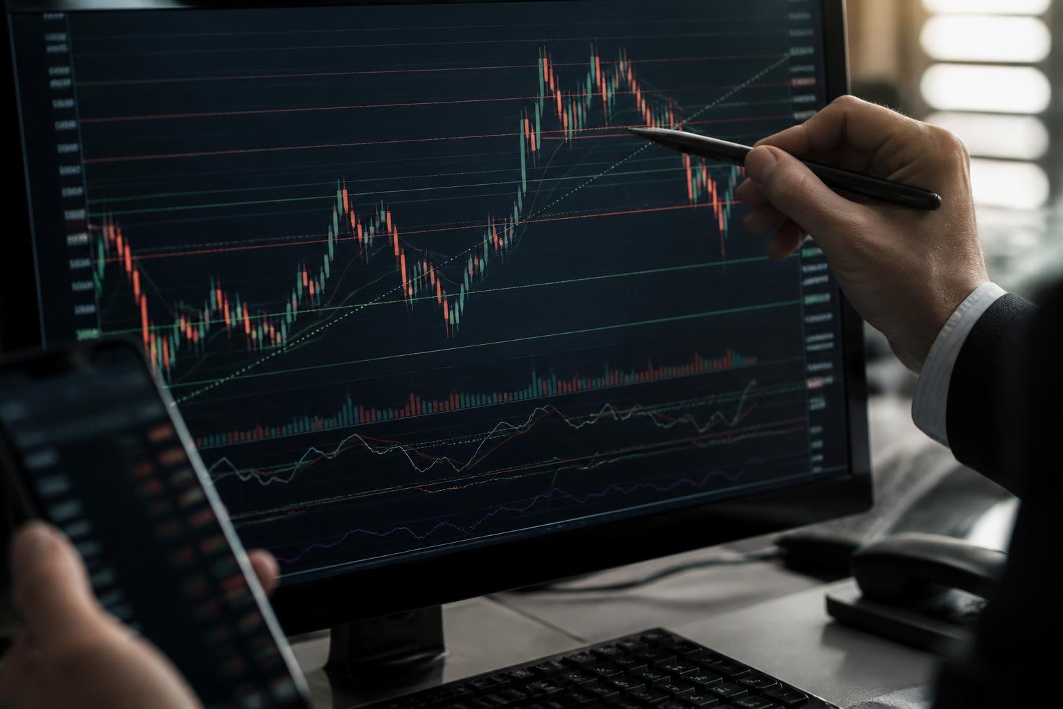 Beginner trader analysing a large candlestick chart with support and resistance zones on a professional monitor