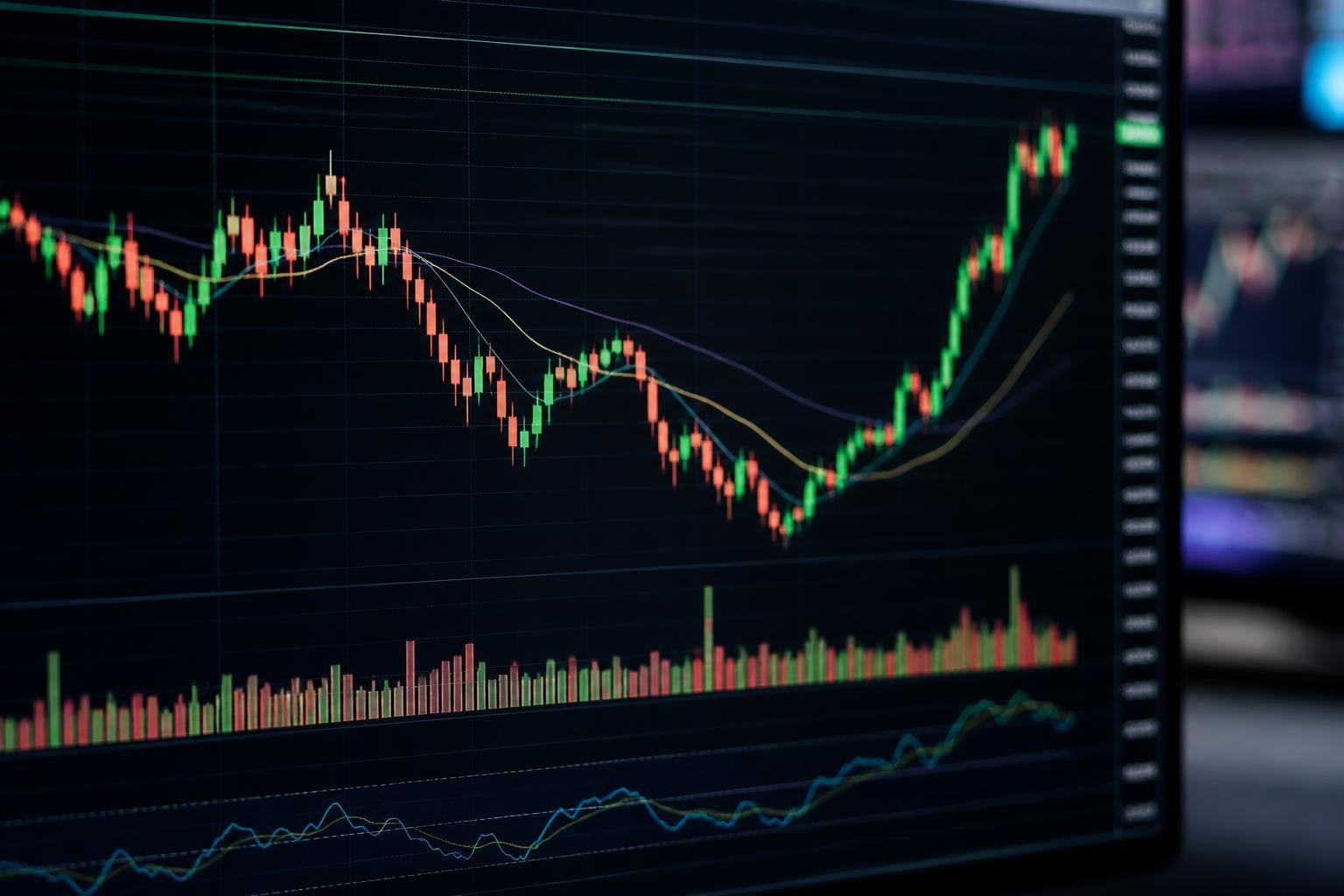 High-detail forex candlestick chart with moving averages, volume histogram and multi-timeframe context