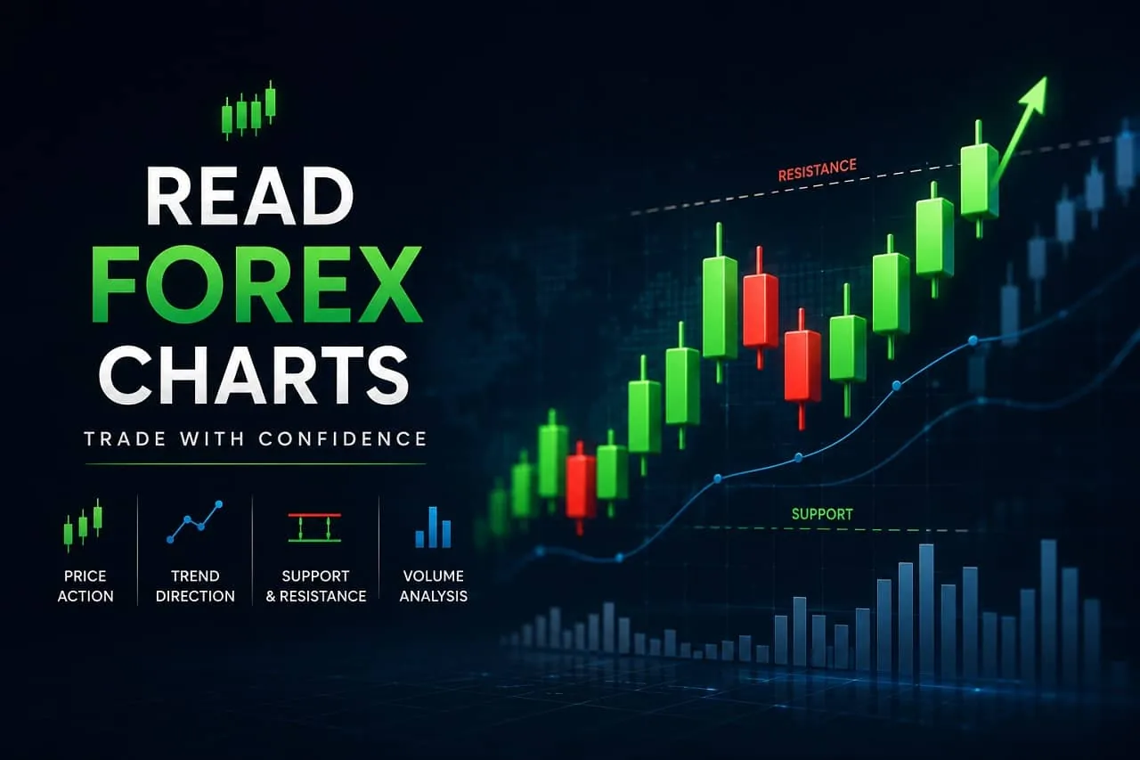Reading forex candlestick charts with structure and indicators High-detail forex candlestick chart with moving averages, volume histogram and multi-timeframe context