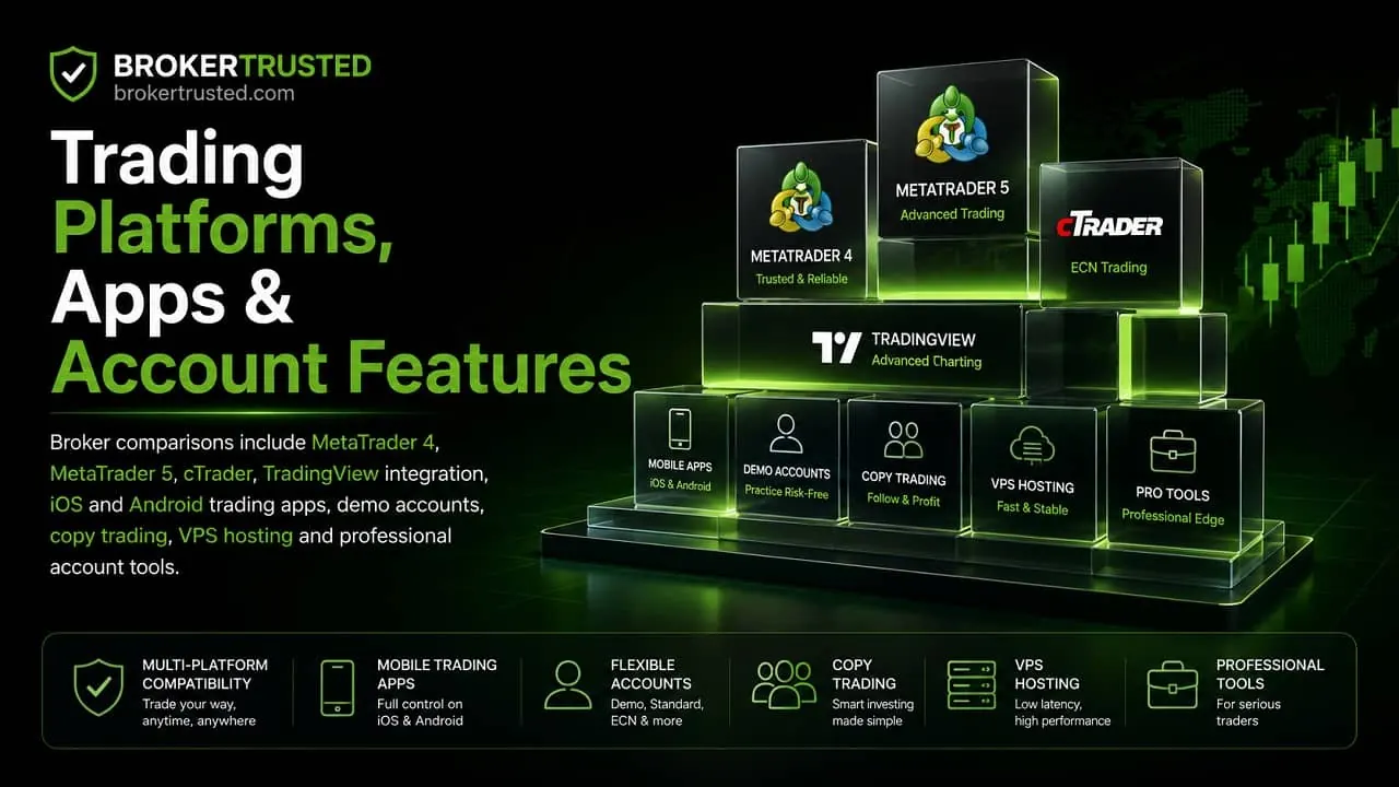Trading Platforms, Apps and Account Features infographic